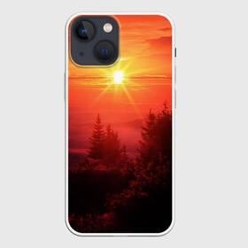 Чехол для iPhone 13 mini с принтом УТРЕННИЙ РАССВЕТ НАД ОБЛАКАМИ в Екатеринбурге,  |  | деревья | лес | лето | лучи | облака | рассвет | солнце | утро