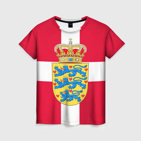 Женская футболка 3D с принтом Дания | Герб и флаг Дании в Екатеринбурге, 100% полиэфир ( синтетическое хлопкоподобное полотно) | прямой крой, круглый вырез горловины, длина до линии бедер | герб | дании | дания | корона | лев | львы | сердца | сердце | флаг | щит