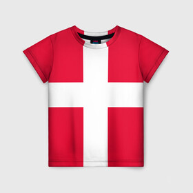 Детская футболка 3D с принтом Дания | Флаг Дании в Екатеринбурге, 100% гипоаллергенный полиэфир | прямой крой, круглый вырез горловины, длина до линии бедер, чуть спущенное плечо, ткань немного тянется | Тематика изображения на принте: белый | герб | государство | дании | дания | знак | красный | крест | линии | символика | страна | флаг