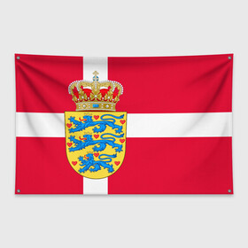 Флаг-баннер с принтом Дания | Флаг и герб Дании в Екатеринбурге, 100% полиэстер | размер 67 х 109 см, плотность ткани — 95 г/м2; по краям флага есть четыре люверса для крепления | белый | герб | голубые львы | государство | дании | дания | знак | корона | красный | крест | лев | линии | львы | сердца | сердце | символика | синее львы | страна | флаг | щит