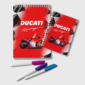 Блокнот с принтом DUCATI / ДУКАТИ / RACING в Екатеринбурге, 100% бумага | 48 листов, плотность листов — 60 г/м2, плотность картонной обложки — 250 г/м2. Листы скреплены удобной пружинной спиралью. Цвет линий — светло-серый
 | Тематика изображения на принте: ducati | motorcycle | motosport | racing | speed | sport | байк. | гонки | двигатель | дукати | мото | мотокросс | мотоспорт | мототриал | мотоцикл | скорость | спорт