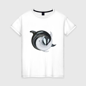 Женская футболка хлопок с принтом Инь Янь в Екатеринбурге, 100% хлопок | прямой крой, круглый вырез горловины, длина до линии бедер, слегка спущенное плечо | гармония | дельфины | инь и янь | любовь | слияние