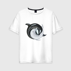 Женская футболка хлопок Oversize с принтом Инь Янь в Екатеринбурге, 100% хлопок | свободный крой, круглый ворот, спущенный рукав, длина до линии бедер
 | гармония | дельфины | инь и янь | любовь | слияние