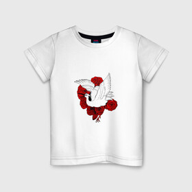 Детская футболка хлопок с принтом Аист на фоне красных роз в Екатеринбурге, 100% хлопок | круглый вырез горловины, полуприлегающий силуэт, длина до линии бедер | Тематика изображения на принте: аист | белый | красные | крылья | птица | птицы | розы | цветы