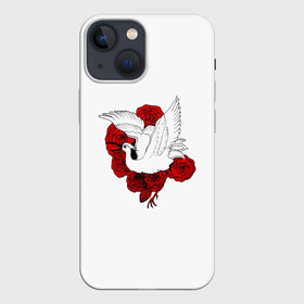 Чехол для iPhone 13 mini с принтом Аист на фоне красных роз в Екатеринбурге,  |  | аист | птица | птицы | розы | цветы