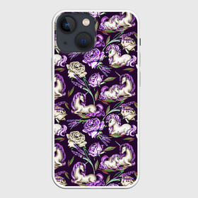 Чехол для iPhone 13 mini с принтом Единороги и цветы   темный в Екатеринбурге,  |  | единорог | единороги | единорожек | лаванда | малыш | мама | роза | розы | сказка | сказочный | фентези | цветок | цветочный | цветы