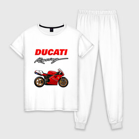 Женская пижама хлопок с принтом DUCATI / ДУКАТИ / MOTOSPORT в Екатеринбурге, 100% хлопок | брюки и футболка прямого кроя, без карманов, на брюках мягкая резинка на поясе и по низу штанин | ducati | motorcycle | motosport | racing | speed | sport | байк. | гонки | двигатель | дукати | мото | мотокросс | мотоспорт | мототриал | мотоцикл | скорость | спорт