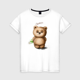 Женская футболка хлопок с принтом Медведь в Екатеринбурге, 100% хлопок | прямой крой, круглый вырез горловины, длина до линии бедер, слегка спущенное плечо | зверь | игрушка цветок | медведик | медведь | медвежонок | милый | мишка | привет | ромашка