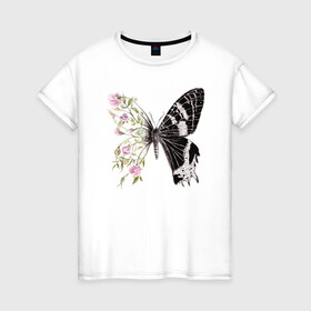 Женская футболка хлопок с принтом Бабочка и цветы в Екатеринбурге, 100% хлопок | прямой крой, круглый вырез горловины, длина до линии бедер, слегка спущенное плечо | акварель | бабочка | бутоны | графика | крылья | лето | насекомое | природа | растение | розы | фауна | цветы | шипы