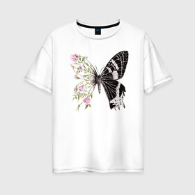 Женская футболка хлопок Oversize с принтом Бабочка и цветы в Екатеринбурге, 100% хлопок | свободный крой, круглый ворот, спущенный рукав, длина до линии бедер
 | акварель | бабочка | бутоны | графика | крылья | лето | насекомое | природа | растение | розы | фауна | цветы | шипы