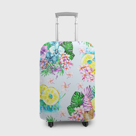 Чехол для чемодана 3D с принтом Тропические цветы и фрукты в Екатеринбурге, 86% полиэфир, 14% спандекс | двустороннее нанесение принта, прорези для ручек и колес | ананас | ананасы | букеты | монстера | мороженое | орхидеи | отдых | пляжные | тропики | фрукты | цветочки | цветы | юг | южные