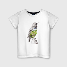 Детская футболка хлопок с принтом Птица и сад в Екатеринбурге, 100% хлопок | круглый вырез горловины, полуприлегающий силуэт, длина до линии бедер | акварель | графика | дорога | калитка | крыло | куст | небо | перья | поля | птица | сад | цветы