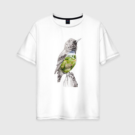 Женская футболка хлопок Oversize с принтом Птица и сад в Екатеринбурге, 100% хлопок | свободный крой, круглый ворот, спущенный рукав, длина до линии бедер
 | акварель | графика | дорога | калитка | крыло | куст | небо | перья | поля | птица | сад | цветы