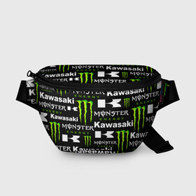 Поясная сумка 3D с принтом KAWASAKI X MONSTER ENERGY в Екатеринбурге, 100% полиэстер | плотная ткань, ремень с регулируемой длиной, внутри несколько карманов для мелочей, основное отделение и карман с обратной стороны сумки застегиваются на молнию | kawasaki | monster energy | motorcycle | motosport | racing | speed | sport | байк | гонки | двигатель | кавасаки | монстер энерджи. | мото | мотокросс | мотоспорт | мототриал | мотоцикл | скорость | спорт