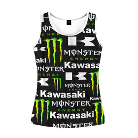 Женская майка 3D с принтом KAWASAKI X MONSTER ENERGY в Екатеринбурге, 100% полиэстер | круглая горловина, прямой силуэт, длина до линии бедра | kawasaki | monster energy | motorcycle | motosport | racing | speed | sport | байк | гонки | двигатель | кавасаки | монстер энерджи. | мото | мотокросс | мотоспорт | мототриал | мотоцикл | скорость | спорт