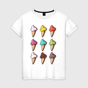 Женская футболка хлопок с принтом Мороженки в Екатеринбурге, 100% хлопок | прямой крой, круглый вырез горловины, длина до линии бедер, слегка спущенное плечо | Тематика изображения на принте: alcrem | icecream | russia | вкусная еда | вкусно | вкусняшки | десерт | еда | жара | красота | лето | мороженое | мороженое в рожке | отдых | россия | сладко | сладости | эмоции