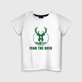 Детская футболка хлопок с принтом Fear The Deer в Екатеринбурге, 100% хлопок | круглый вырез горловины, полуприлегающий силуэт, длина до линии бедер | Тематика изображения на принте: antetokounmpo | basketball | bucks | giannis | milwaukee | mvp | nba | sport | streetball | адетокумбо | бакс | баскетбол | игра | милуоки | мяч | нба | олень | спорт | стритбол | тренер | чемпион | янис