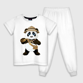 Детская пижама хлопок с принтом Панда путешественница  в Екатеринбурге, 100% хлопок |  брюки и футболка прямого кроя, без карманов, на брюках мягкая резинка на поясе и по низу штанин
 | Тематика изображения на принте: бинокль | животное | маленькая панда | медвежонок | панда | панда путешественница | путешественник | черно белый медведь | экспедитор