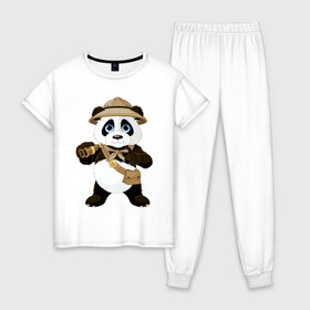 Женская пижама хлопок с принтом Панда путешественница  в Екатеринбурге, 100% хлопок | брюки и футболка прямого кроя, без карманов, на брюках мягкая резинка на поясе и по низу штанин | бинокль | животное | маленькая панда | медвежонок | панда | панда путешественница | путешественник | черно белый медведь | экспедитор