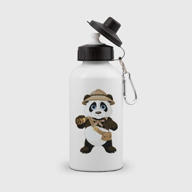 Бутылка спортивная с принтом Панда путешественница  в Екатеринбурге, металл | емкость — 500 мл, в комплекте две пластиковые крышки и карабин для крепления | Тематика изображения на принте: бинокль | животное | маленькая панда | медвежонок | панда | панда путешественница | путешественник | черно белый медведь | экспедитор