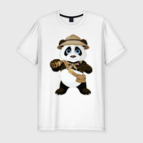 Мужская футболка хлопок Slim с принтом Панда путешественница  в Екатеринбурге, 92% хлопок, 8% лайкра | приталенный силуэт, круглый вырез ворота, длина до линии бедра, короткий рукав | бинокль | животное | маленькая панда | медвежонок | панда | панда путешественница | путешественник | черно белый медведь | экспедитор