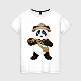 Женская футболка хлопок с принтом Панда путешественница  в Екатеринбурге, 100% хлопок | прямой крой, круглый вырез горловины, длина до линии бедер, слегка спущенное плечо | бинокль | животное | маленькая панда | медвежонок | панда | панда путешественница | путешественник | черно белый медведь | экспедитор