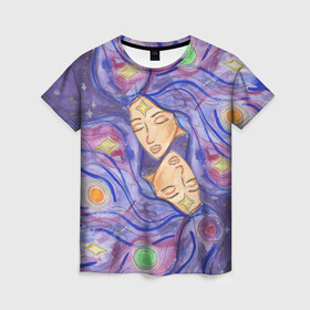 Женская футболка 3D с принтом Галактика в Екатеринбурге, 100% полиэфир ( синтетическое хлопкоподобное полотно) | прямой крой, круглый вырез горловины, длина до линии бедер | dream | galaxy | girl | planet | акварель | галактика | девушки | звёзды | космос | планеты | рисунок | синий | сон | спокойствие | сумерки | туманности | фиолетовый