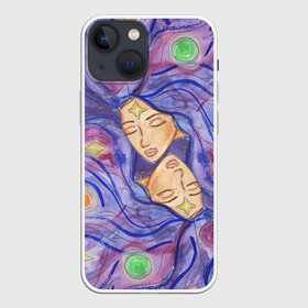Чехол для iPhone 13 mini с принтом Галактика в Екатеринбурге,  |  | dream | galaxy | girl | planet | акварель | галактика | девушки | звёзды | космос | планеты | рисунок | синий | сон | спокойствие | сумерки | туманности | фиолетовый