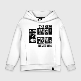 Детское худи Oversize хлопок с принтом THE HERO NEVER DIES. One Piece в Екатеринбурге, френч-терри — 70% хлопок, 30% полиэстер. Мягкий теплый начес внутри —100% хлопок | боковые карманы, эластичные манжеты и нижняя кромка, капюшон на магнитной кнопке | Тематика изображения на принте: anime | manga | monkey d. luffy | one piece | аниме | большой куш | ван пис | вон пис | гол д. роджер | кайдо | король пиратов | луфи | луффи | манга | манки д. луффи | нами | нико робин | пират | портгас д. эйс | ророноа зоро