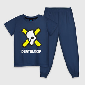 Детская пижама хлопок с принтом Deathloop - Skull в Екатеринбурге, 100% хлопок |  брюки и футболка прямого кроя, без карманов, на брюках мягкая резинка на поясе и по низу штанин
 | Тематика изображения на принте: death | deathloop | game | games | loop | skull | дэслуп | дэт | дэтлуп | знак | игра | игры | лого | луп | мертвая | пелтя | символ