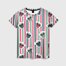 Женская футболка 3D с принтом Мопсы в полоску в Екатеринбурге, 100% полиэфир ( синтетическое хлопкоподобное полотно) | прямой крой, круглый вырез горловины, длина до линии бедер | летний | мопсы | мордочки | полоска | розовый с зеленым | собаки