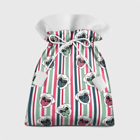 Подарочный 3D мешок с принтом Мопсы в полоску в Екатеринбурге, 100% полиэстер | Размер: 29*39 см | Тематика изображения на принте: летний | мопсы | мордочки | полоска | розовый с зеленым | собаки