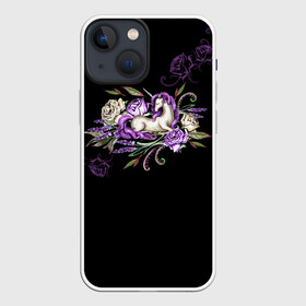 Чехол для iPhone 13 mini с принтом Единорог среди роз в Екатеринбурге,  |  | rose | roses | unicorn | единорог | единороги | роза | розы | сказка | сказочный | сон | спящий | темный | фентези | фентэзи | цветочный | цветы | черный фон