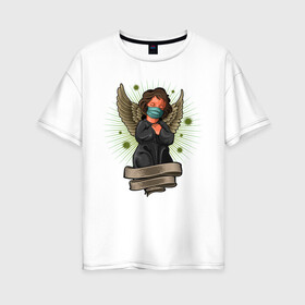 Женская футболка хлопок Oversize с принтом Мой ангелок в Екатеринбурге, 100% хлопок | свободный крой, круглый ворот, спущенный рукав, длина до линии бедер
 | ангел | иллюстрация | маска | спаси сохрани | спаситель