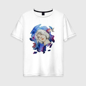 Женская футболка хлопок Oversize с принтом Двушка с рыбкой  в Екатеринбурге, 100% хлопок | свободный крой, круглый ворот, спущенный рукав, длина до линии бедер
 | акварель | девушка | лицо | рыбка | яркий дизайн
