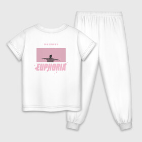 Детская пижама хлопок с принтом EUPHORIA | BTS | PINK Edition  в Екатеринбурге, 100% хлопок |  брюки и футболка прямого кроя, без карманов, на брюках мягкая резинка на поясе и по низу штанин
 | Тематика изображения на принте: bighit | bts | butter | k pop | love yourself | music | битиэс | бойсбенд | бтс | кейпоп | корея | чимин | эйфория