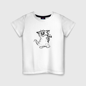 Детская футболка хлопок с принтом Котенок с вилкой и сосиской в Екатеринбурге, 100% хлопок | круглый вырез горловины, полуприлегающий силуэт, длина до линии бедер | графика | киска | кот | котенок | котик | кошка | смешной кот | улыбающийся кот | черно белое