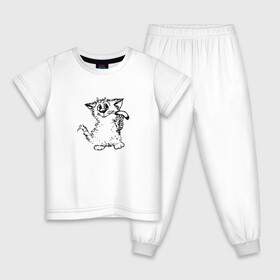 Детская пижама хлопок с принтом Котенок с вилкой и сосиской в Екатеринбурге, 100% хлопок |  брюки и футболка прямого кроя, без карманов, на брюках мягкая резинка на поясе и по низу штанин
 | Тематика изображения на принте: графика | киска | кот | котенок | котик | кошка | смешной кот | улыбающийся кот | черно белое