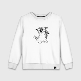 Детский свитшот хлопок с принтом Котенок с вилкой и сосиской в Екатеринбурге, 100% хлопок | круглый вырез горловины, эластичные манжеты, пояс и воротник | Тематика изображения на принте: графика | киска | кот | котенок | котик | кошка | смешной кот | улыбающийся кот | черно белое