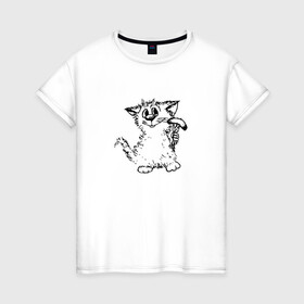 Женская футболка хлопок с принтом Котенок с вилкой и сосиской в Екатеринбурге, 100% хлопок | прямой крой, круглый вырез горловины, длина до линии бедер, слегка спущенное плечо | Тематика изображения на принте: графика | киска | кот | котенок | котик | кошка | смешной кот | улыбающийся кот | черно белое