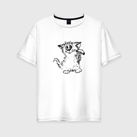 Женская футболка хлопок Oversize с принтом Котенок с вилкой и сосиской в Екатеринбурге, 100% хлопок | свободный крой, круглый ворот, спущенный рукав, длина до линии бедер
 | Тематика изображения на принте: графика | киска | кот | котенок | котик | кошка | смешной кот | улыбающийся кот | черно белое