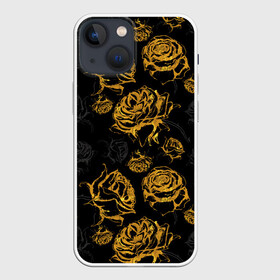 Чехол для iPhone 13 mini с принтом Розы. Золото с черным в Екатеринбурге,  |  | вечерний | графика | графический | золотистый | золото | золотой | крупные | праздничный | розочки | розы | темный | цветочки | цветочный | цветы | черный