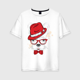 Женская футболка хлопок Oversize с принтом Французский модник в Екатеринбурге, 100% хлопок | свободный крой, круглый ворот, спущенный рукав, длина до линии бедер
 | бант | бульдог | голова | голова собаки | очки | пес | собака | французский модник | шляпа