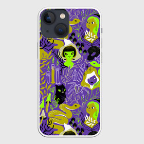 Чехол для iPhone 13 mini с принтом Шабаш в Екатеринбурге,  |  | halloween | kostolom3000 | ведьма | ведьмы | грибы | змея | кот | магия | природа | фиолетовый | хэллоуин | черный кот | шабаш