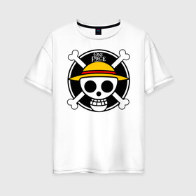 Женская футболка хлопок Oversize с принтом One Piece Весёлый Роджер в Екатеринбурге, 100% хлопок | свободный крой, круглый ворот, спущенный рукав, длина до линии бедер
 | anime | manga | one piece | аниме | большой куш | ван пис | весёлый роджер | вон пис | король пиратов | логотип | манга | монки д. луффи | мугивары | перекрещённый костями | пират | пиратский флаг