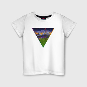 Детская футболка хлопок с принтом невероятный пейзаж в Екатеринбурге, 100% хлопок | круглый вырез горловины, полуприлегающий силуэт, длина до линии бедер | болото | горы | пейзаж | природа | радуга | рисунок | сумерки | треугольник | ярко