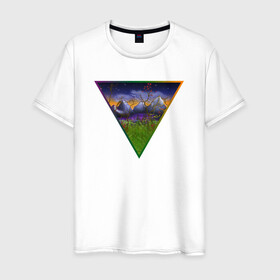 Мужская футболка хлопок с принтом невероятный пейзаж в Екатеринбурге, 100% хлопок | прямой крой, круглый вырез горловины, длина до линии бедер, слегка спущенное плечо. | болото | горы | пейзаж | природа | радуга | рисунок | сумерки | треугольник | ярко