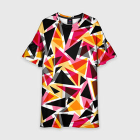 Детское платье 3D с принтом Разноцветные треугольники в Екатеринбурге, 100% полиэстер | прямой силуэт, чуть расширенный к низу. Круглая горловина, на рукавах — воланы | абстрактный | геометрические фигуры | геометрический узор | желтый | красный | полигональный | разноцветный | треугольники | черный