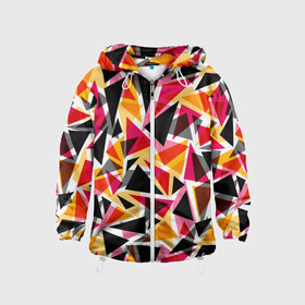 Детская ветровка 3D с принтом Разноцветные треугольники в Екатеринбурге, 100% полиэстер | подол и капюшон оформлены резинкой с фиксаторами, по бокам два кармана без застежек, один потайной карман на груди | абстрактный | геометрические фигуры | геометрический узор | желтый | красный | полигональный | разноцветный | треугольники | черный