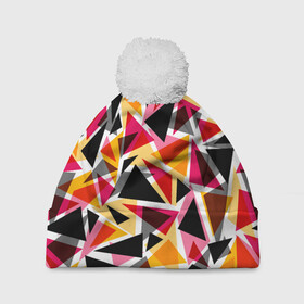 Шапка 3D c помпоном с принтом Разноцветные треугольники в Екатеринбурге, 100% полиэстер | универсальный размер, печать по всей поверхности изделия | абстрактный | геометрические фигуры | геометрический узор | желтый | красный | полигональный | разноцветный | треугольники | черный